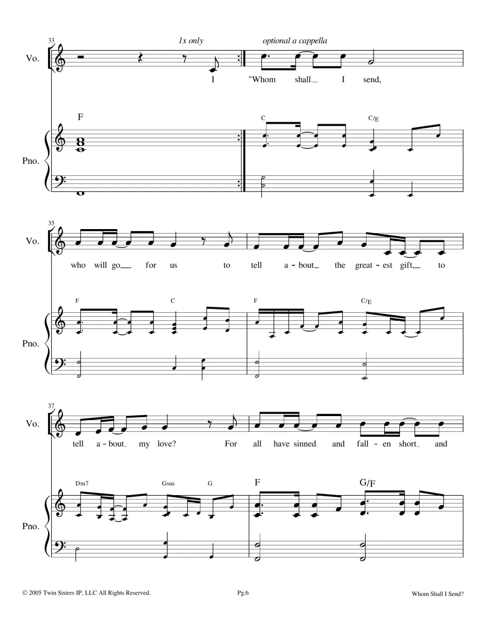 Chorus repeat from measure 33, marked 1x only and optional a cappella, with the vocal line and piano part