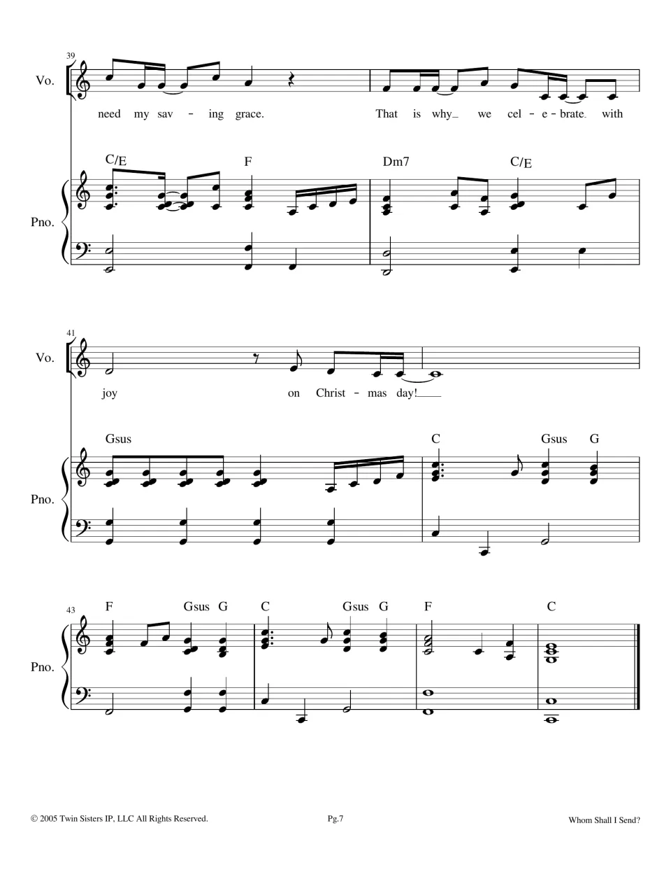 Final chorus, measures 39-46: closing lyrics ending "on Christmas day!" and a piano ending that resolves on a C chord