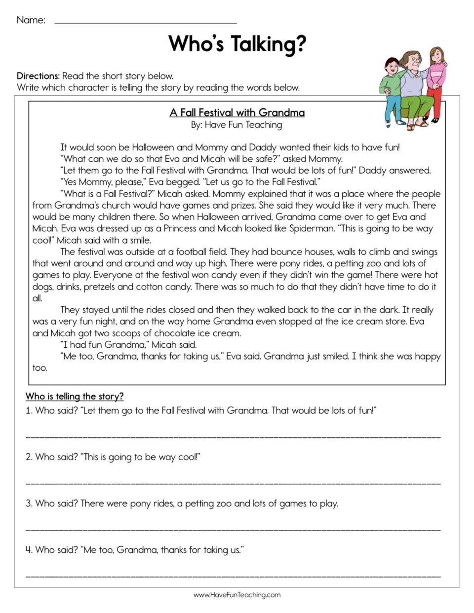 Reading passage 'A Fall Festival with Grandma' and four questions identifying characters and the narrator