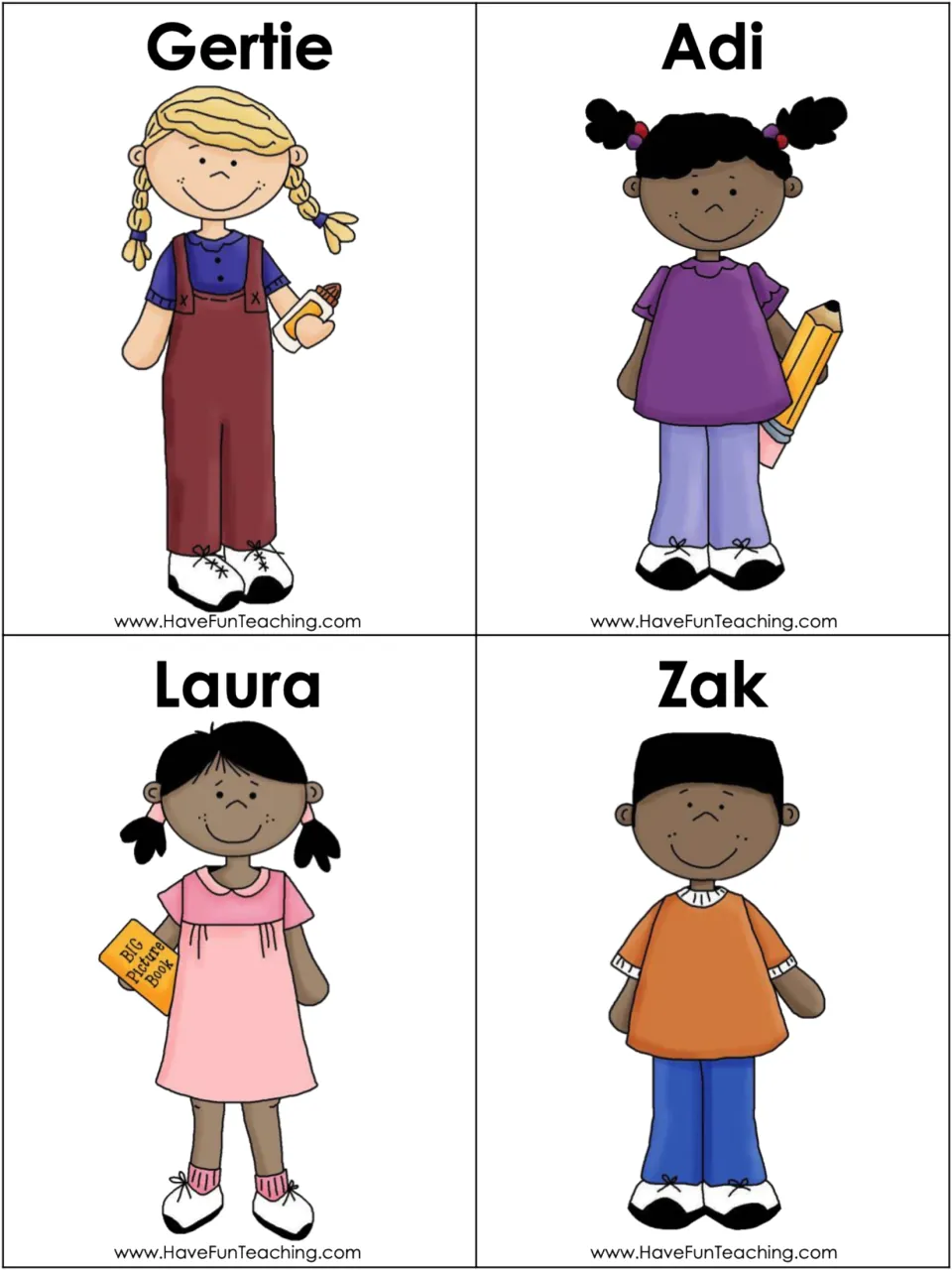 Character cards for possessive nouns: four illustrated children named Gertie, Adi, Laura and Zak to match with object cards