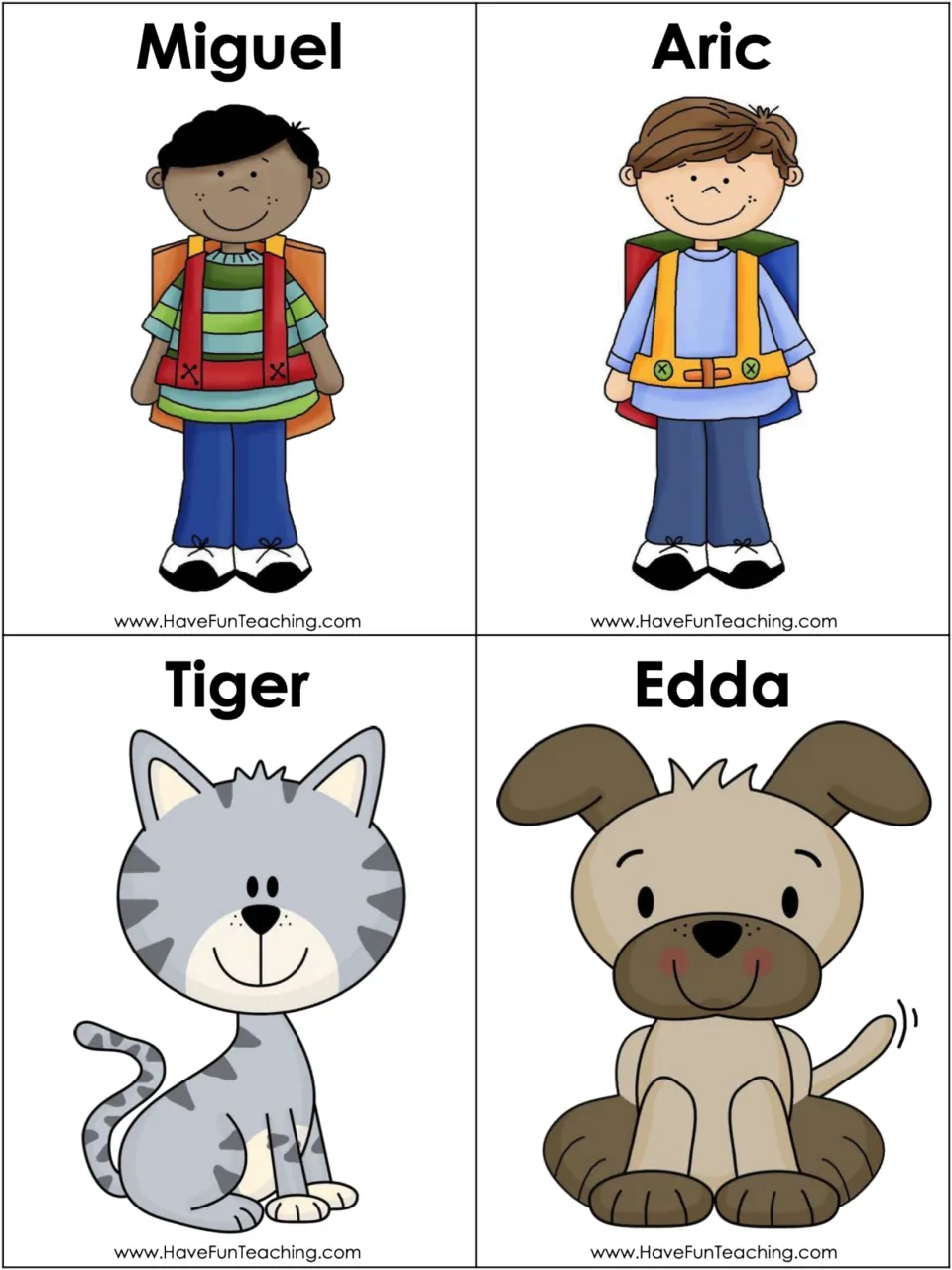 Character cards for possessives: children Miguel and Aric with backpacks, plus a cat named Tiger and a dog named Edda