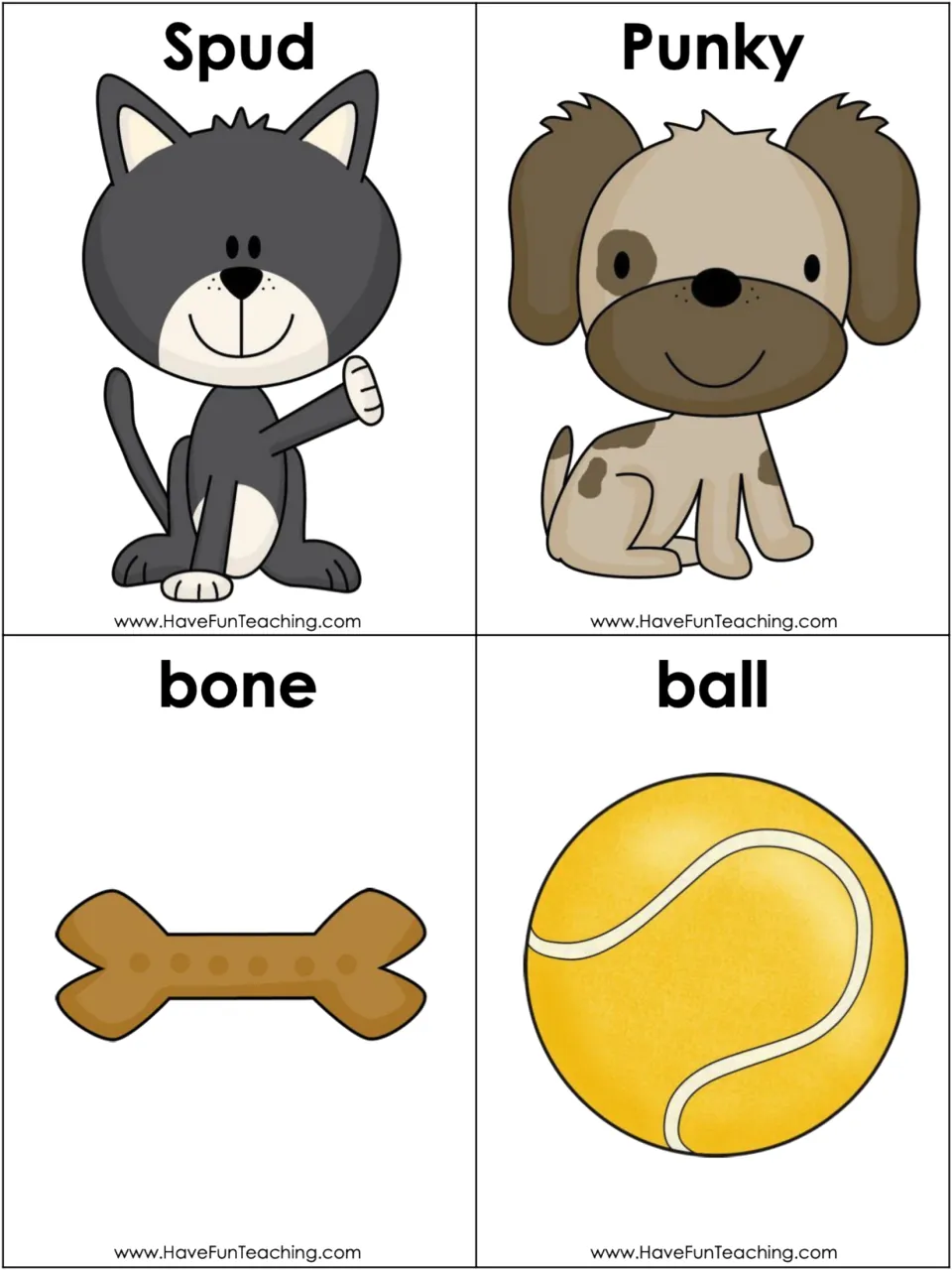 Pet and object cards for showing ownership: a cat named Spud, a dog named Punky, and picture cards for a bone and a ball