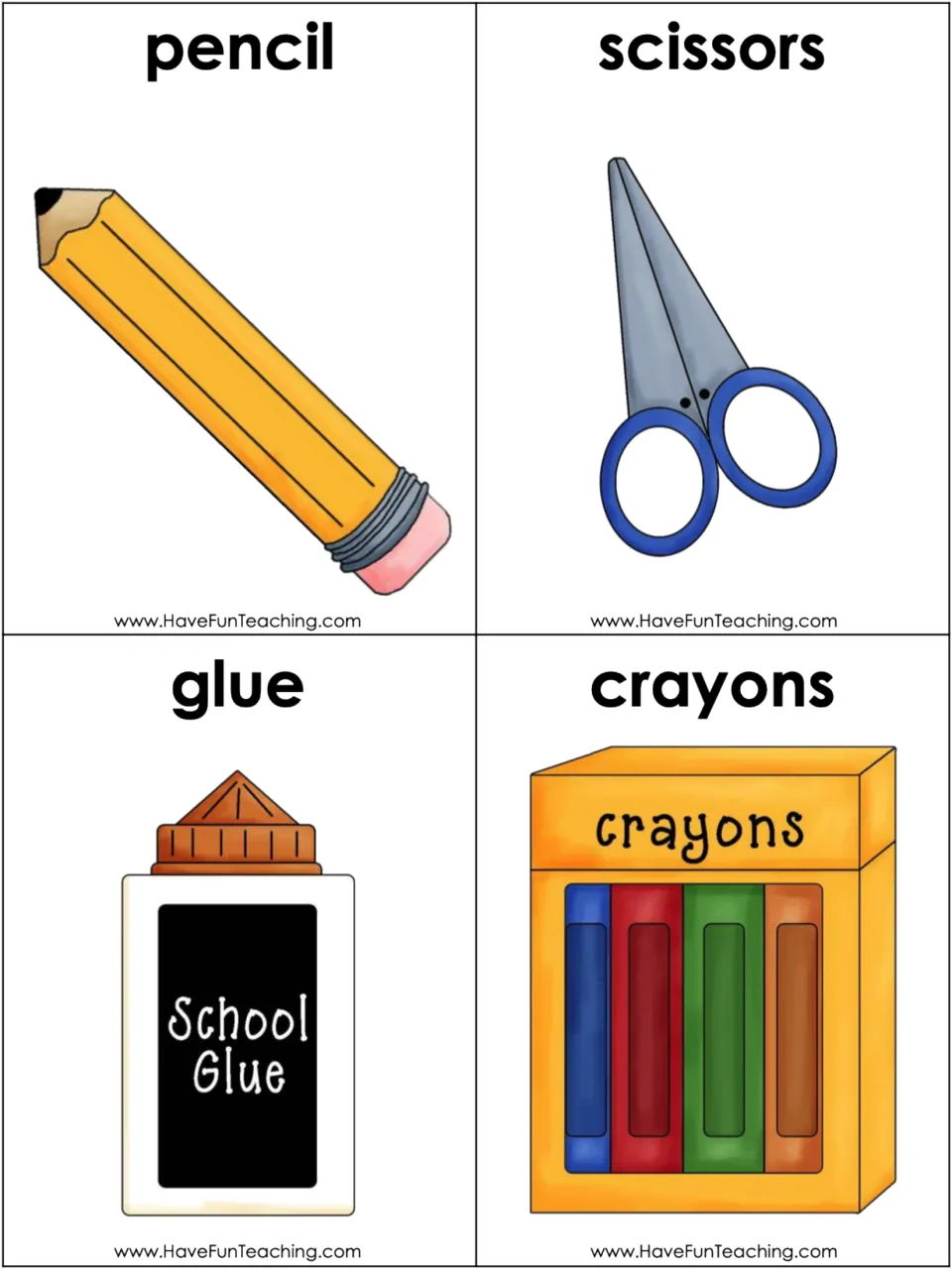 Object cards for apostrophe practice: school supplies labeled pencil, scissors, glue and crayons, each with a picture