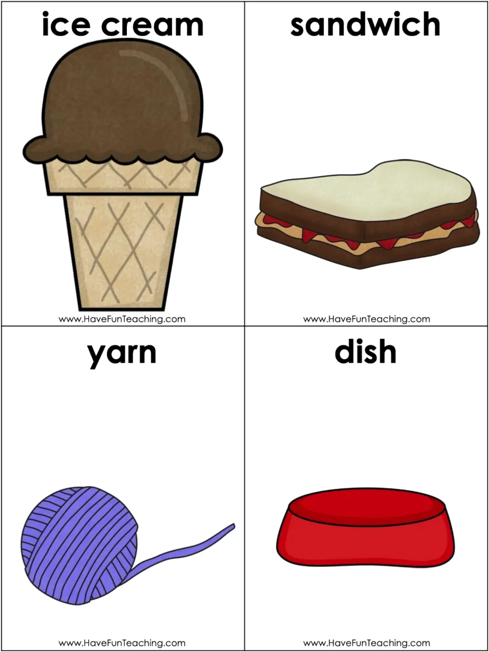 Object cards for possessive phrases: pictures labeled ice cream, sandwich, yarn and a pet dish for matching to an owner