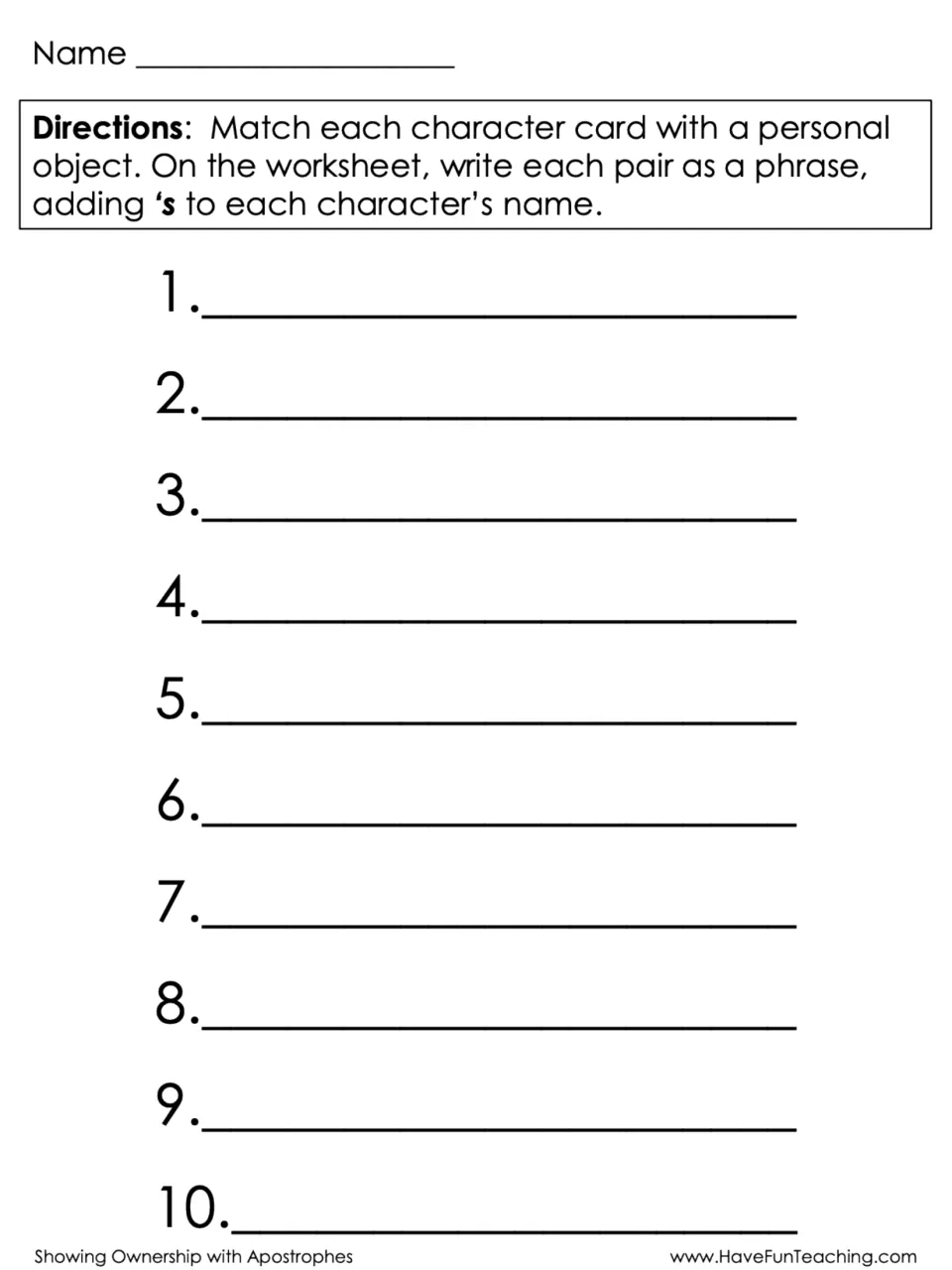 Showing ownership with apostrophes: students write 10 matched card pairs as possessive phrases, adding 's to each name
