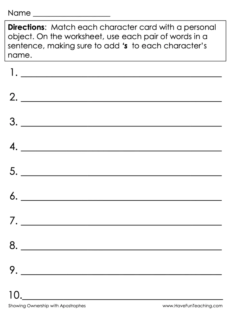 Possessive nouns in sentences: students use each matched character and object pair in a sentence with 's on the name