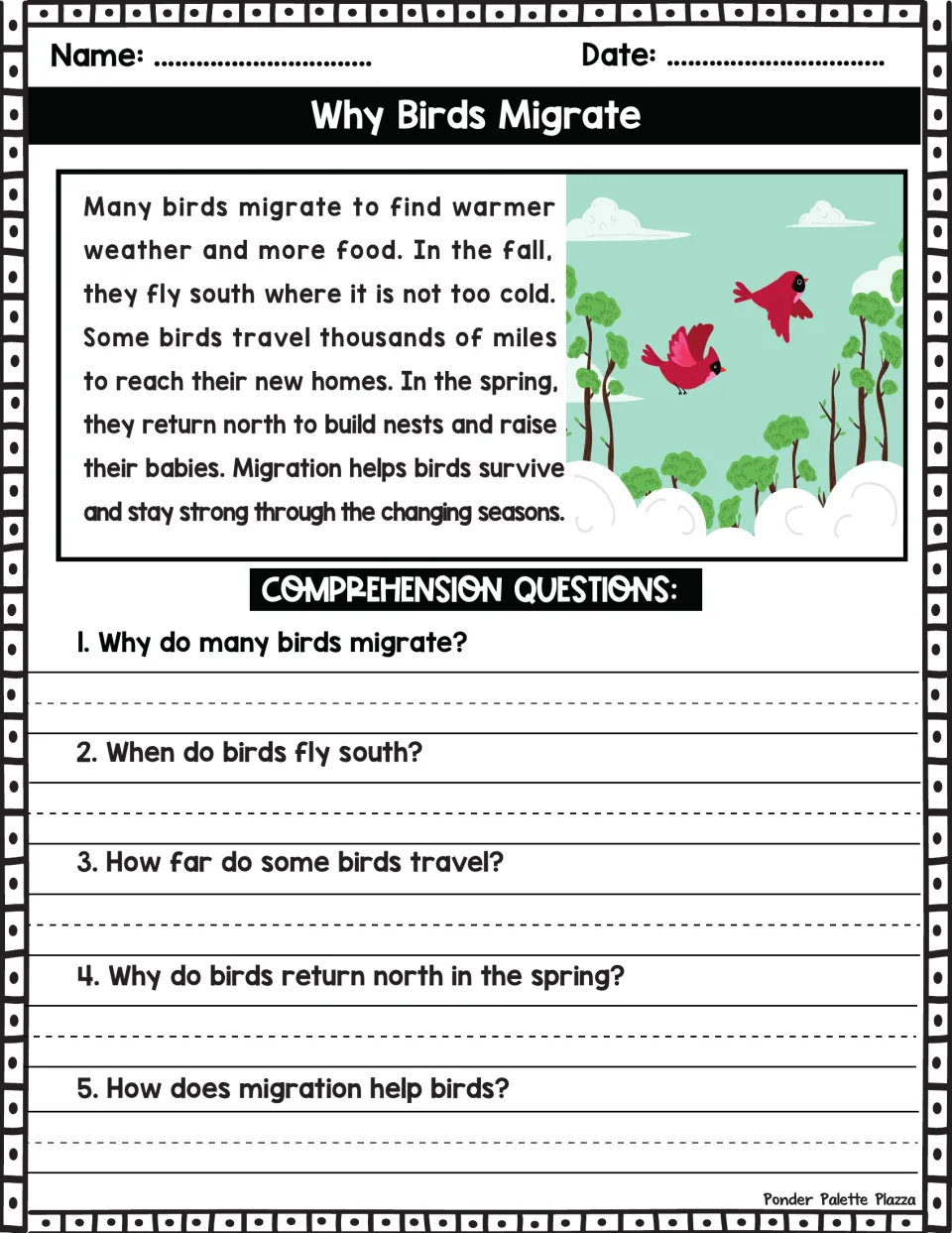 Reading passage on birds flying south in fall and north in spring, plus five comprehension questions.