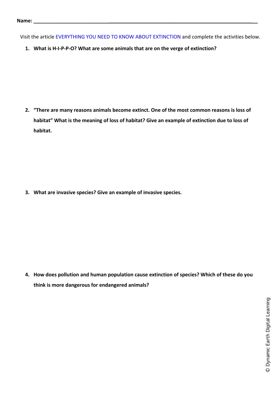 Extinction causes: students read an article and answer questions on HIPPO, habitat loss, invasive species and pollution