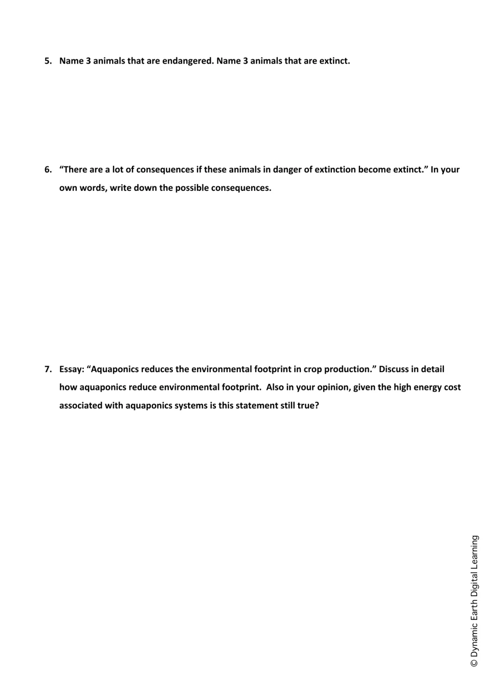 Extinction effects: students name endangered and extinct animals, explain consequences and write an essay on aquaponics