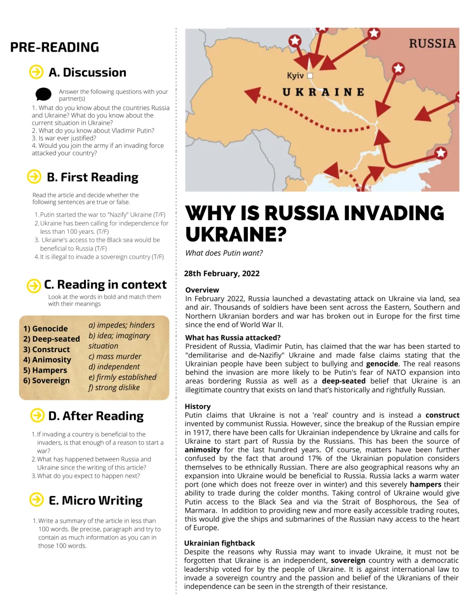 Russia-Ukraine news article with map: students discuss, mark true/false, match 6 bold words and summarize in 100 words