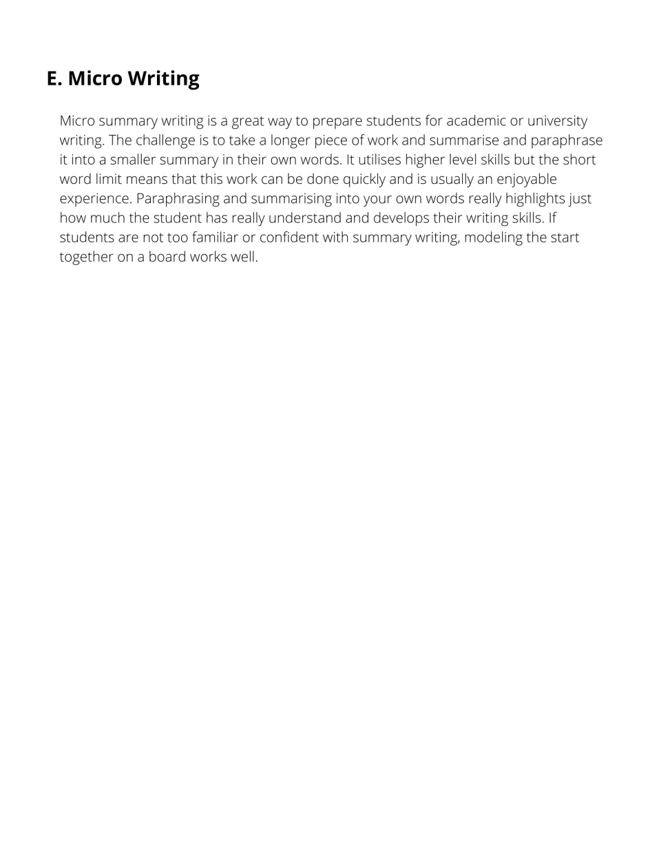 Micro writing teacher notes: summarising an article in own words, with a tip to model the start on the board