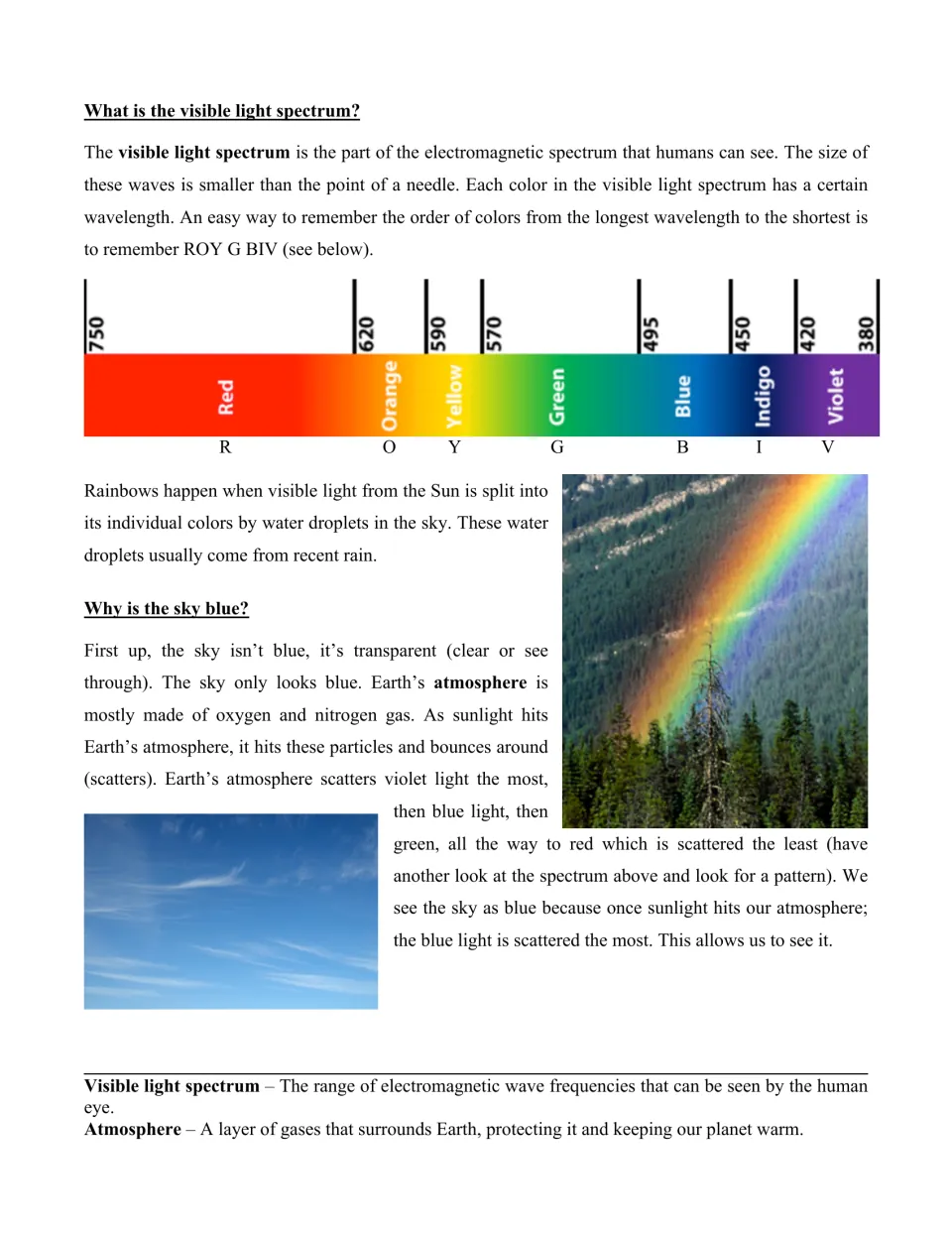Science article part 2: visible light, ROY G BIV color order, rainbow formation, and why the sky looks blue