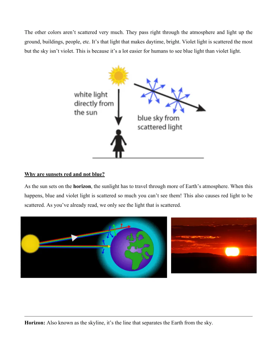 Science article part 3: scattered sunlight, why sunsets are red, and diagrams of light in the atmosphere