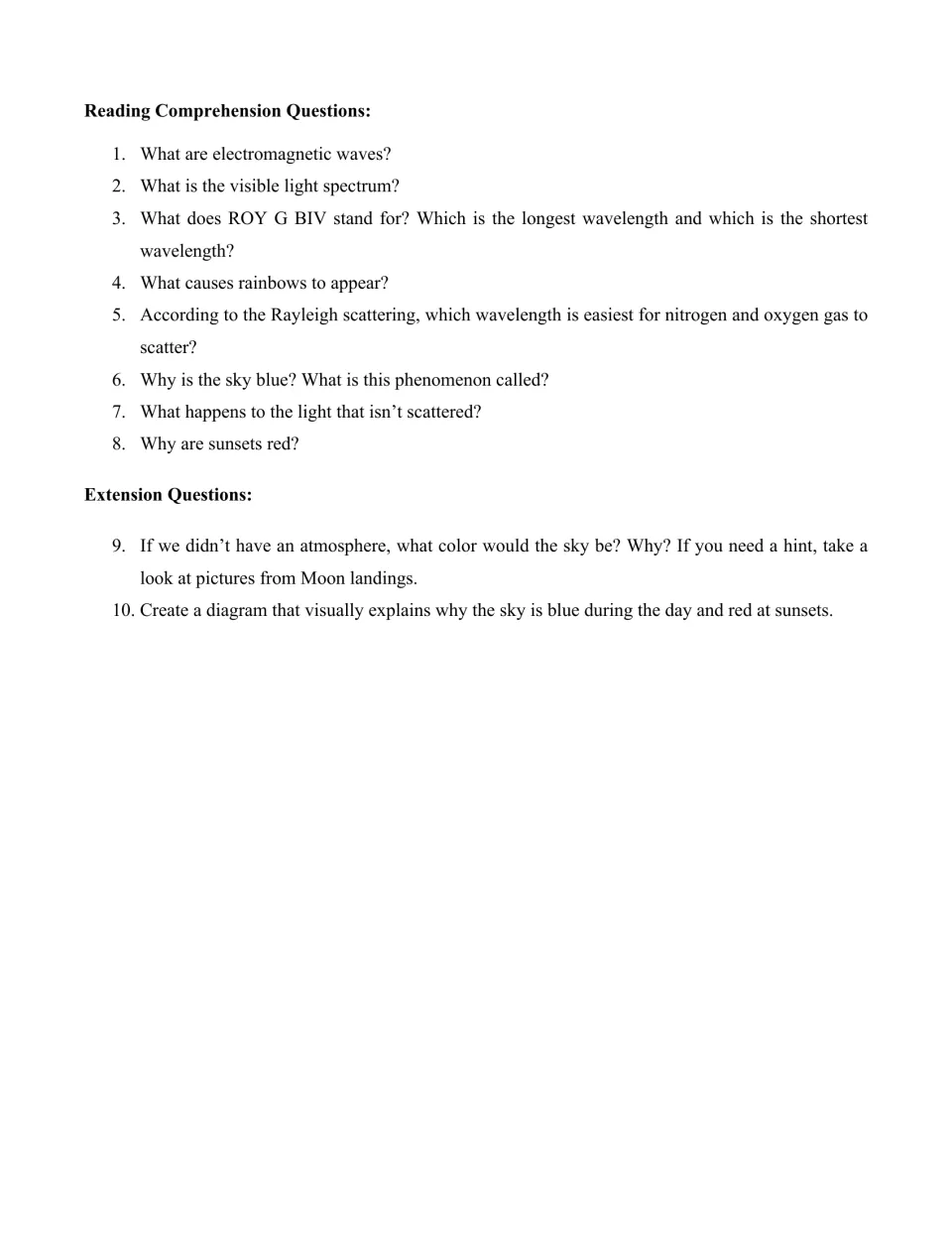 Article questions: eight comprehension prompts about light and sky color, plus two extension questions