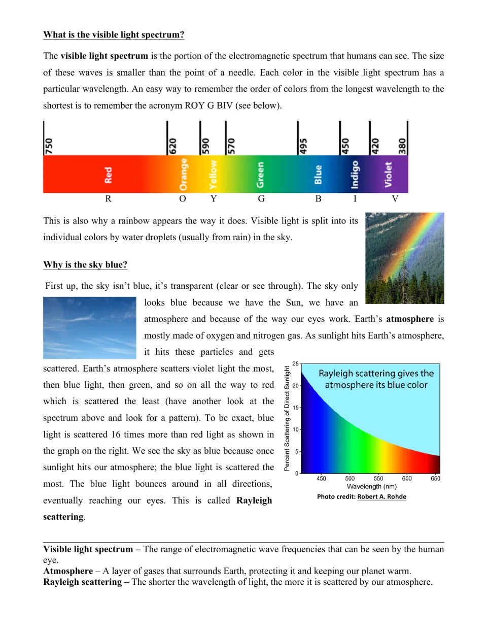 Article page 2: visible light spectrum and ROY G BIV, then Why is the sky blue? with a Rayleigh scattering graph