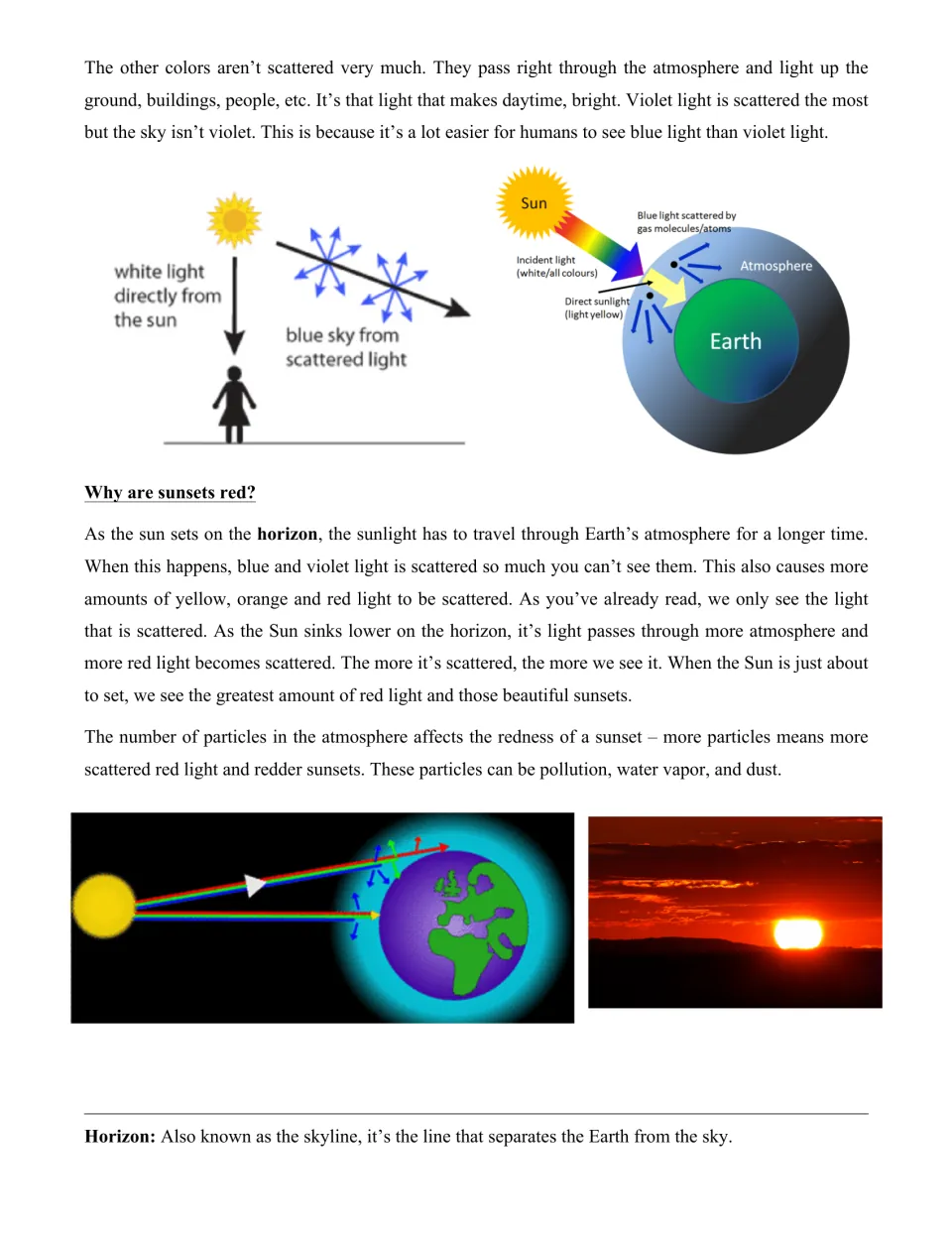 Article page 3: why the sky isn't violet, with scattering diagrams, then Why are sunsets red? and the term horizon