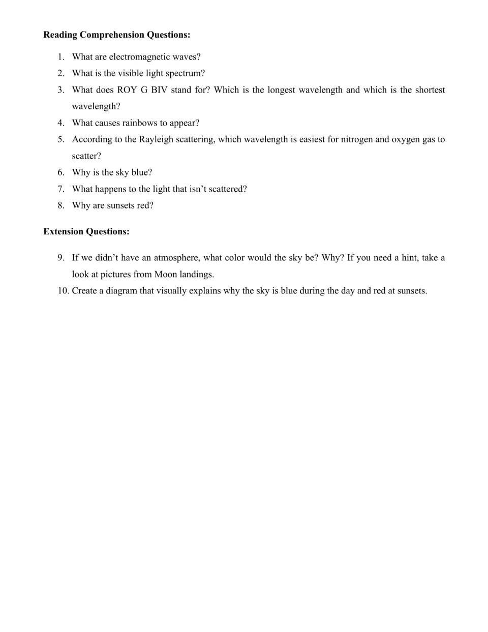 Comprehension questions 1–8 on electromagnetic waves, ROY G BIV and red sunsets, plus two extension questions