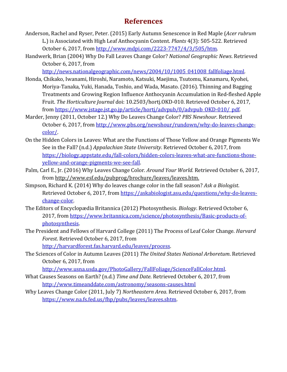 References page lists sources for the article's explanations of leaf pigments, photosynthesis, and seasons