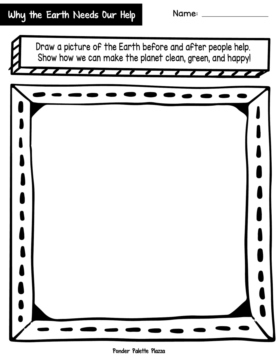 Earth before-and-after drawing: students draw the planet before and after people help, showing it clean, green and happy