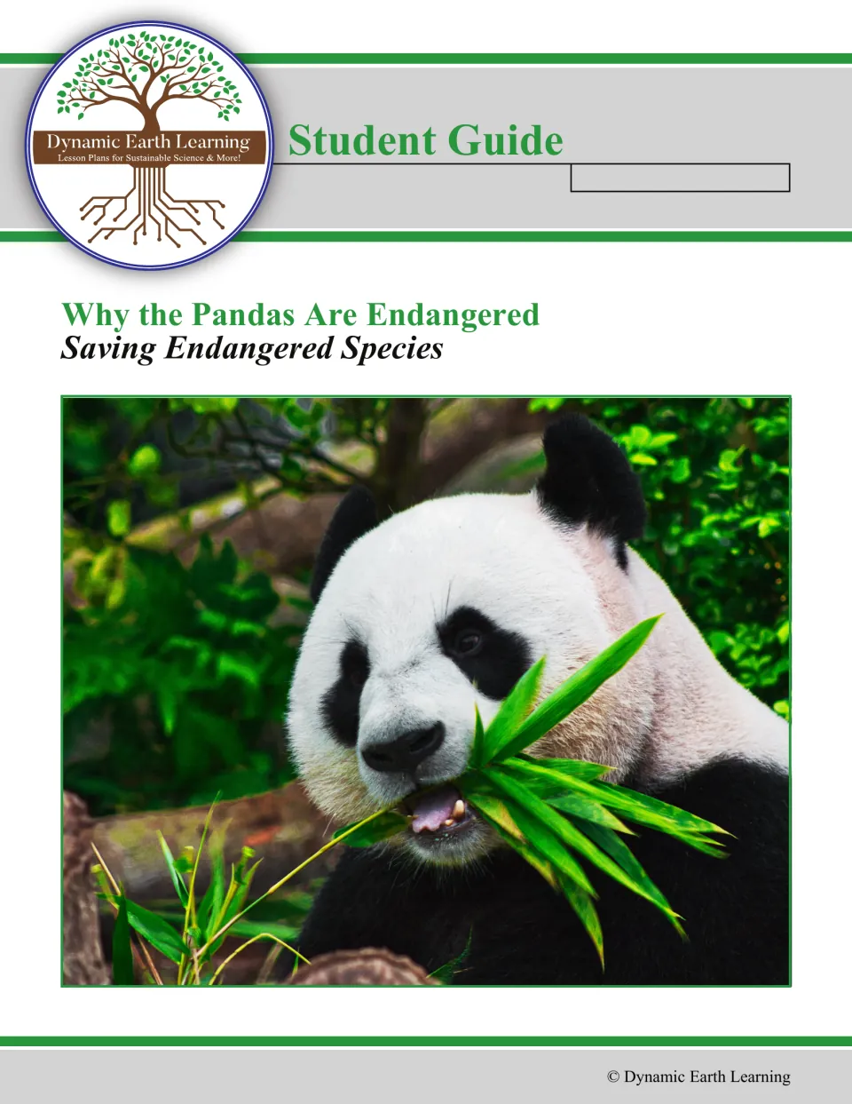 Student Guide cover: Why the Pandas Are Endangered, Saving Endangered Species, with a photo of a giant panda eating bamboo