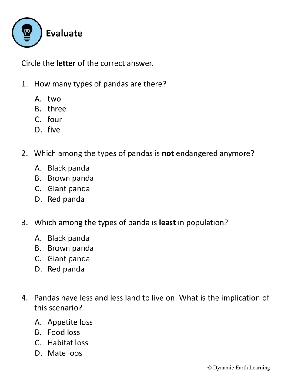 Evaluate quiz, questions 1-4: students circle the letter for panda types, the non-endangered panda and effects of land loss