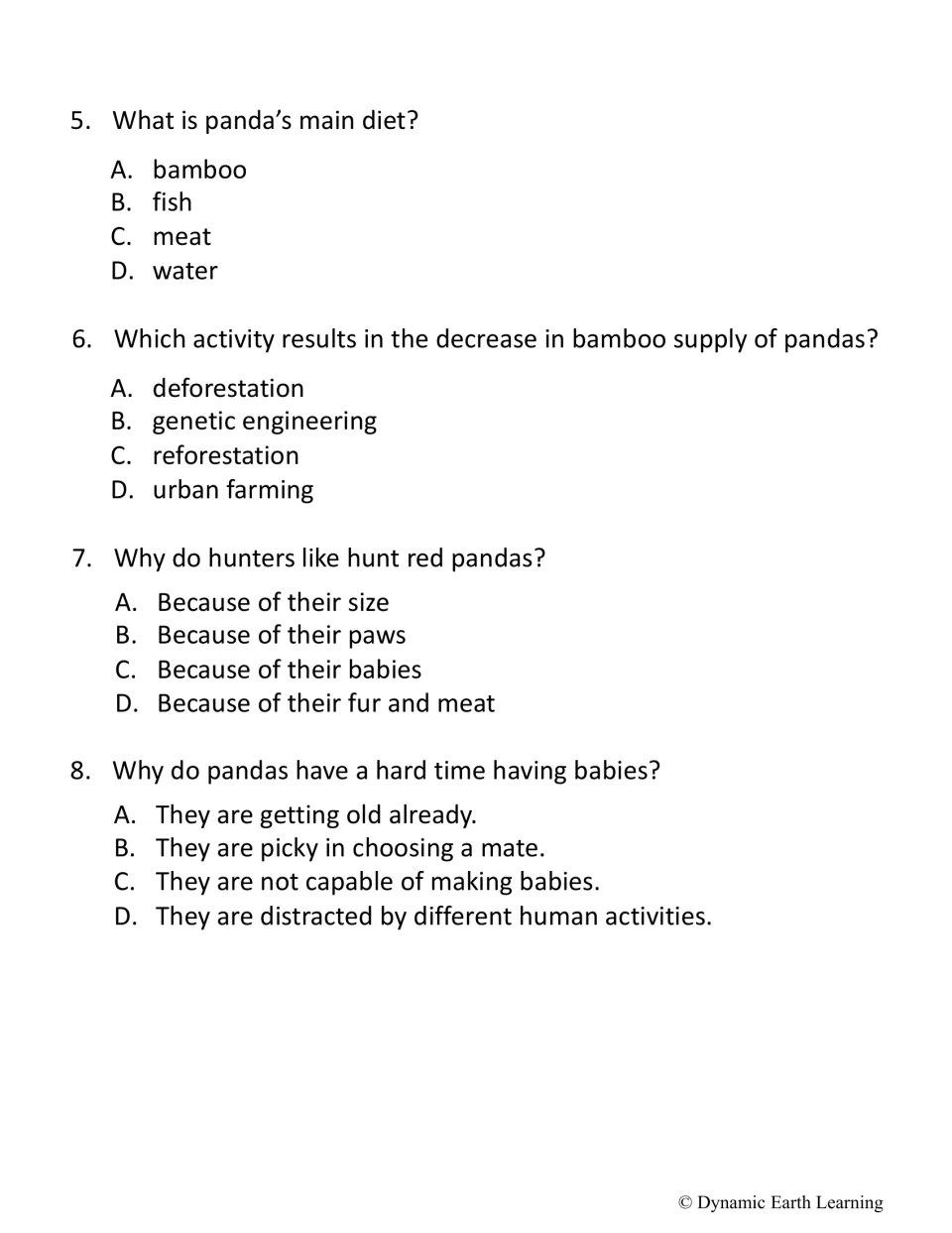 Panda quiz, questions 5-8: students circle answers on diet, deforestation, why red pandas are hunted and breeding