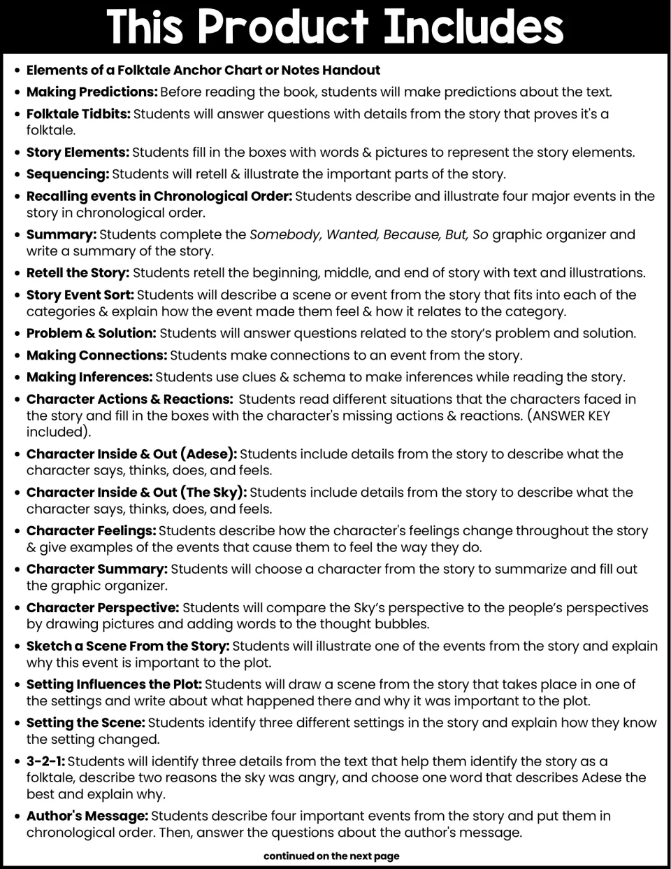 Contents list, part 1: predictions, story elements, sequencing, summary, inferences and character activities described