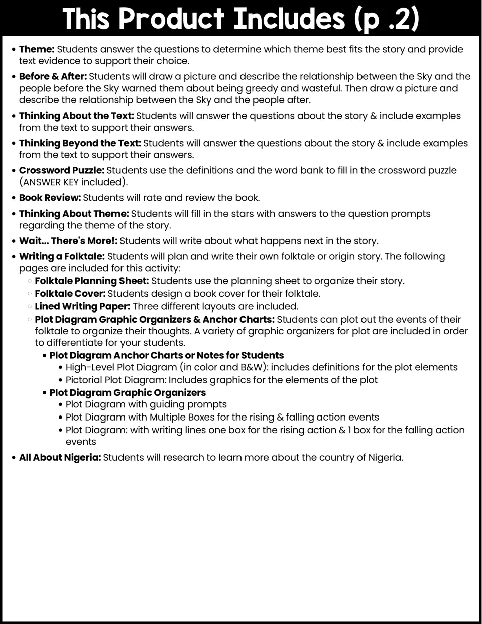 Contents list, part 2: theme, crossword, book review, writing a folktale with plot diagrams, and All About Nigeria research