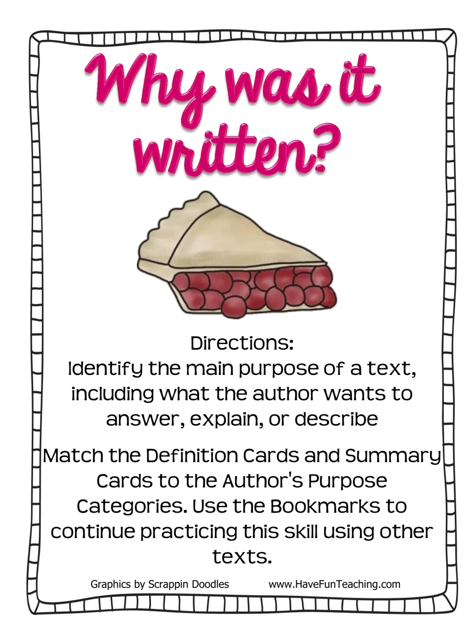 Why was it written? cover with a cherry pie: directions to match definition and summary cards to author's purpose groups