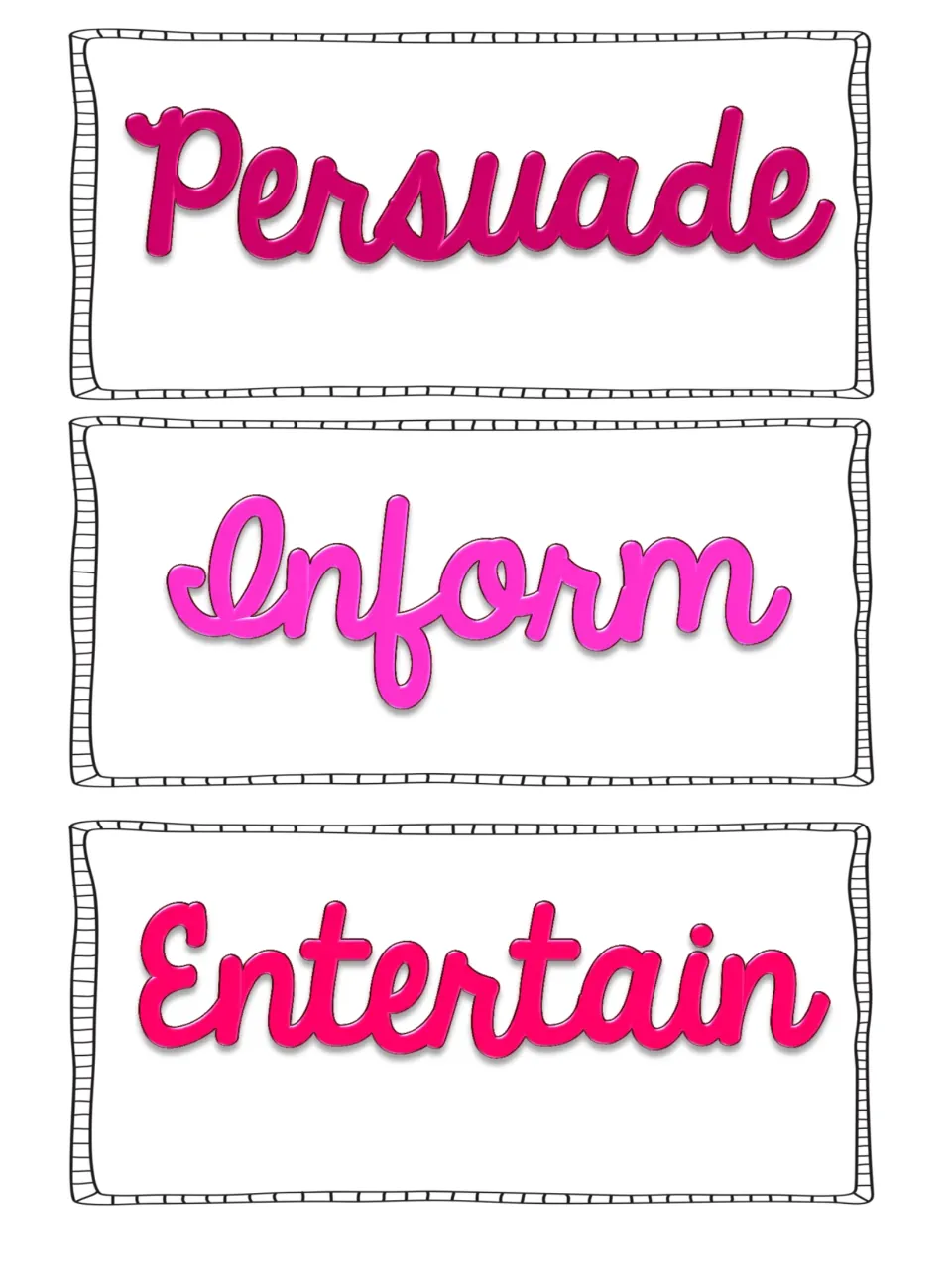 Author's purpose category cards: three header cards labeled Persuade, Inform and Entertain for sorting texts under