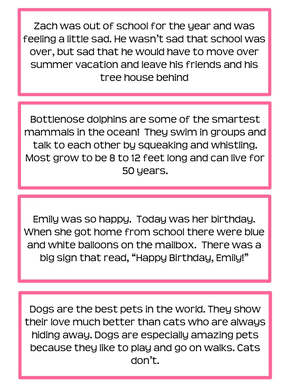 Summary cards: Zach moving, bottlenose dolphins, Emily's birthday and dogs as best pets to sort by author's purpose