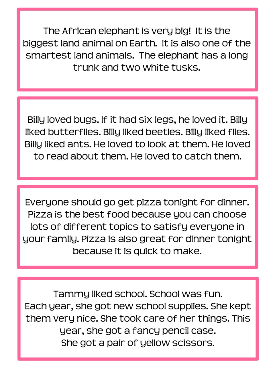Summary cards: African elephant facts, Billy loving bugs, eating pizza tonight and Tammy's school supplies to classify