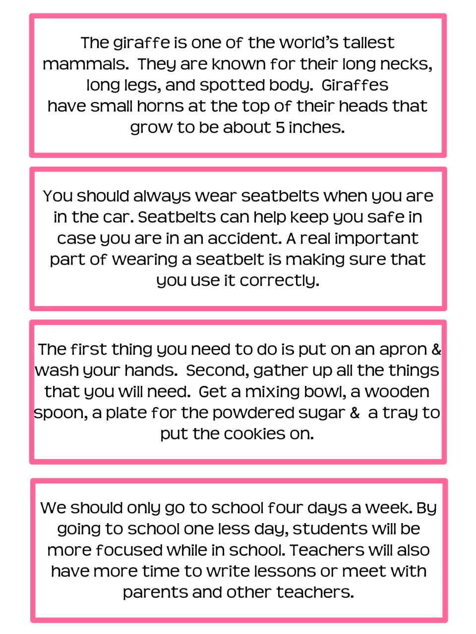 Summary cards: giraffe facts, wearing seatbelts, steps for baking cookies and a four-day school week to sort by purpose