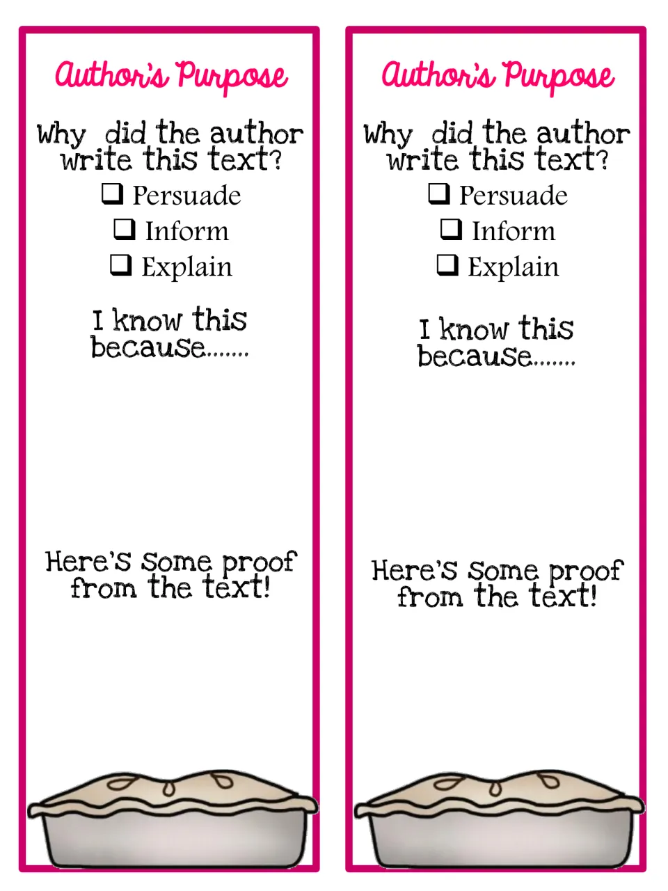 Author's purpose bookmarks: students check persuade, inform or explain, say why, and record proof from a text they read