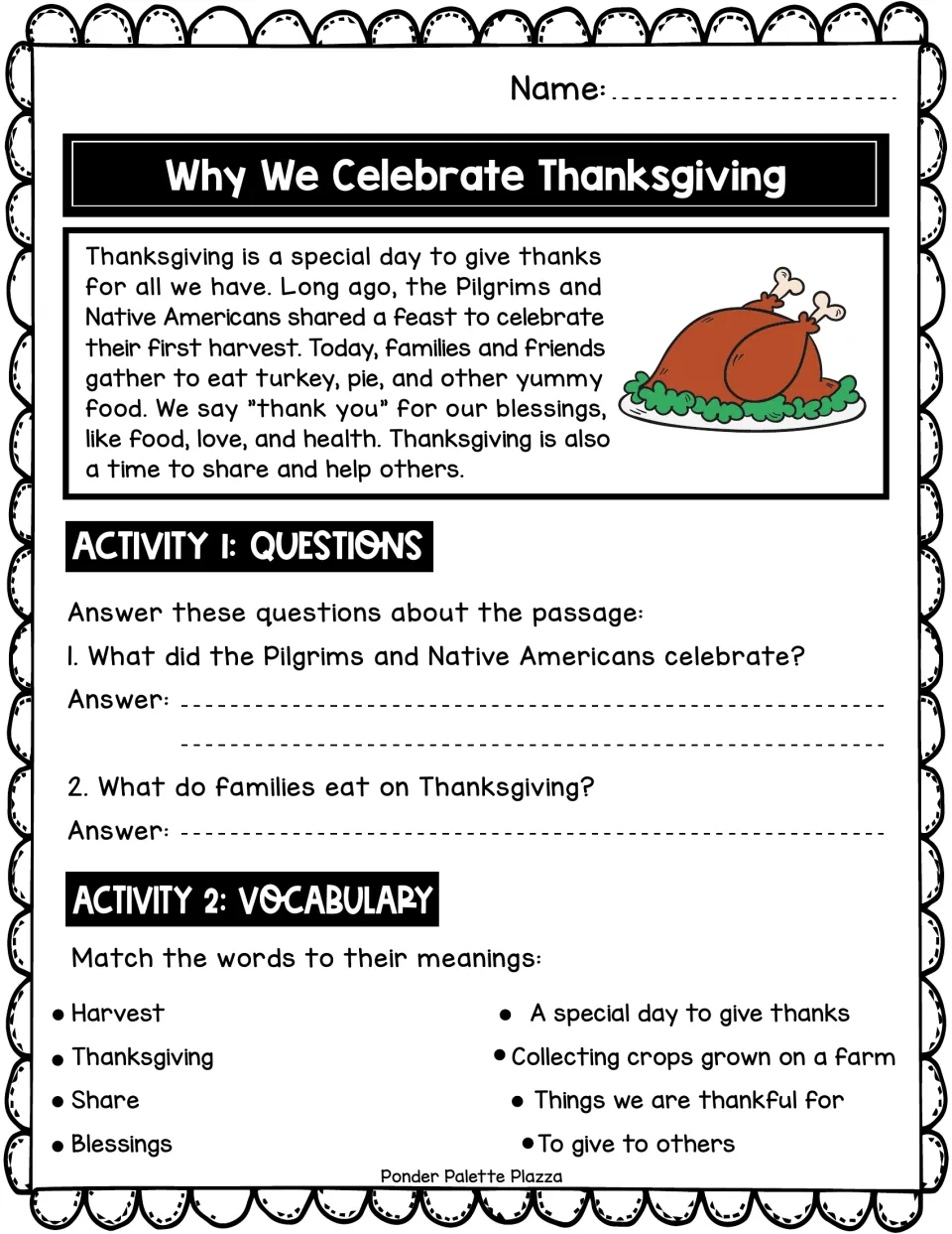 Thanksgiving reading passage followed by two comprehension questions and vocabulary matching for four words.