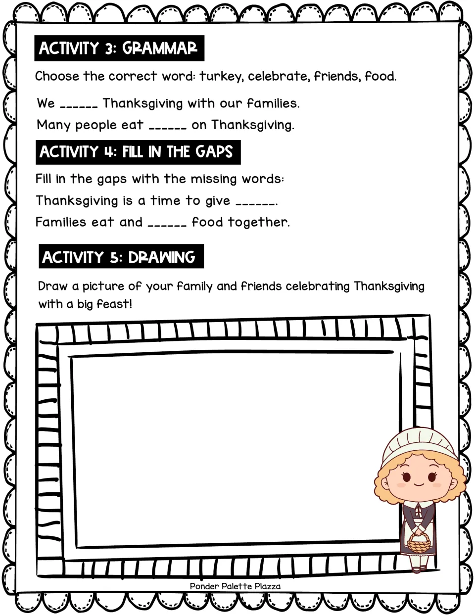 Thanksgiving activities 3–5: grammar word choices, missing-word sentences, and a family feast drawing prompt.