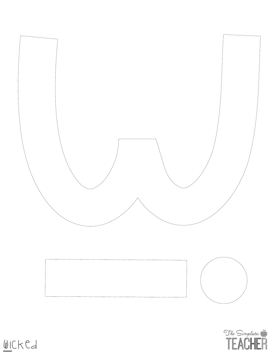 Outline cut-out letters W and i (stem and dot) for the word 'wicked', printed blank for use on colored paper