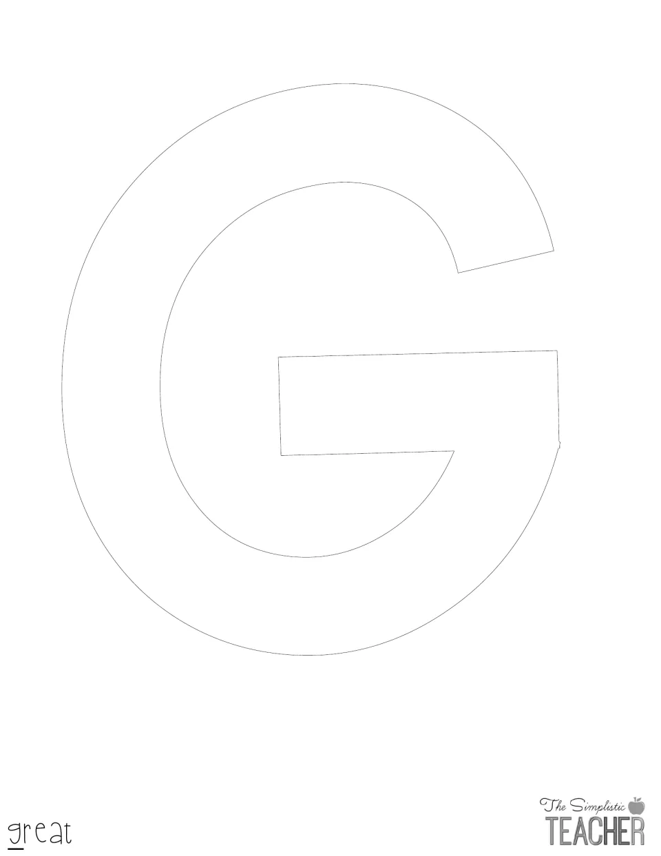 Outline cut-out letter G, the first letter of the word 'great', to print on colored cardstock and cut for the display