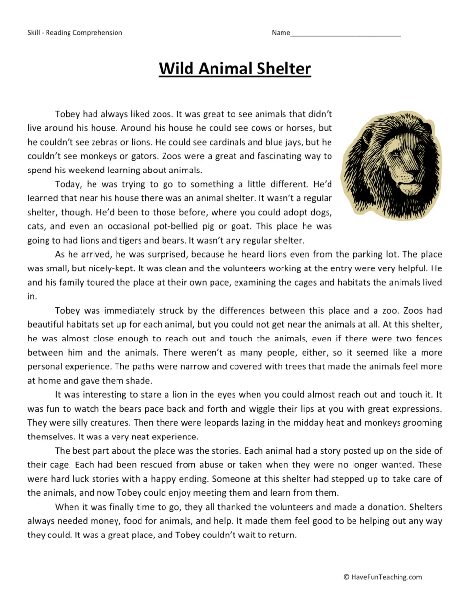 Reading passage about Tobey visiting a wild animal shelter, meeting rescued animals, and making a donation.