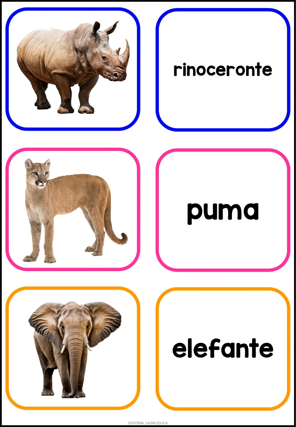 Spanish animal names: rhinoceros, puma and elephant photo cards matched to word cards rinoceronte, puma and elefante