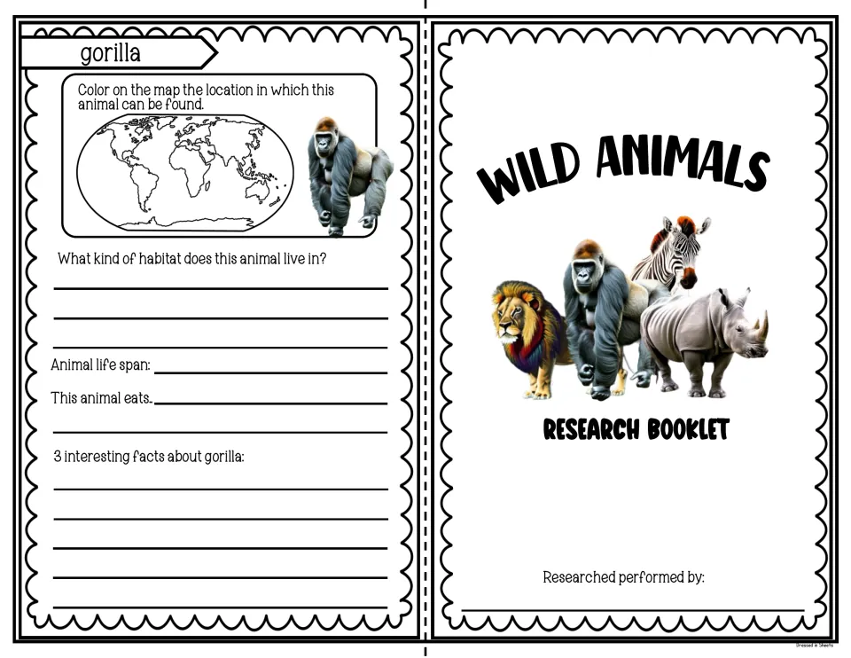Booklet cover with a researcher name line, beside a gorilla page: color its range on a world map, habitat, diet, 3 facts
