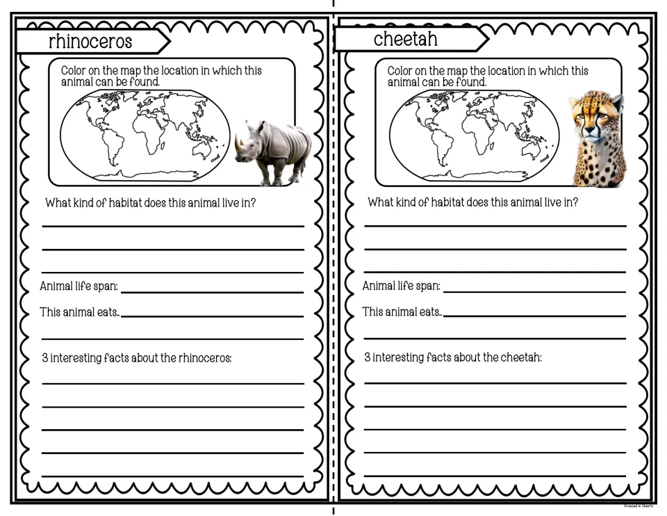 Rhinoceros and cheetah pages: students color each animal's range on a world map and record habitat, diet and 3 facts