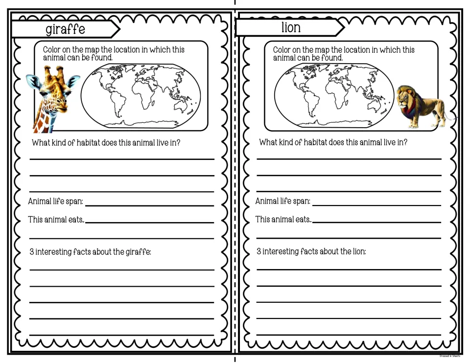 Giraffe and lion pages: students shade where each animal lives on a world map, then note its habitat, food and 3 facts