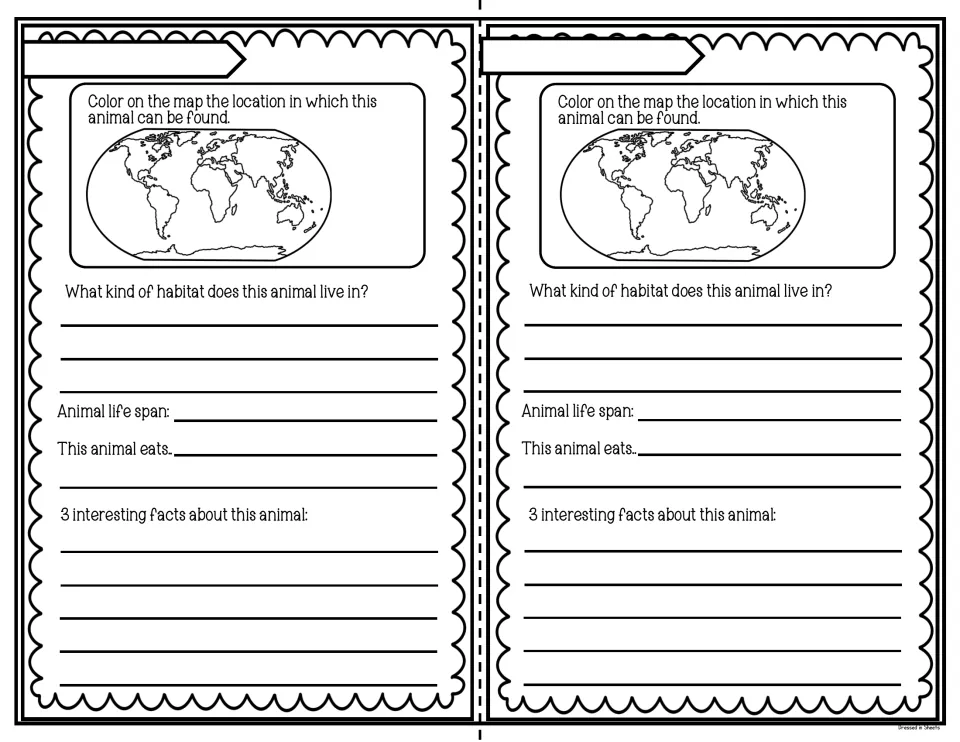Unnamed animal research pages: students pick their own animal, map its range and record habitat, life span, diet and facts