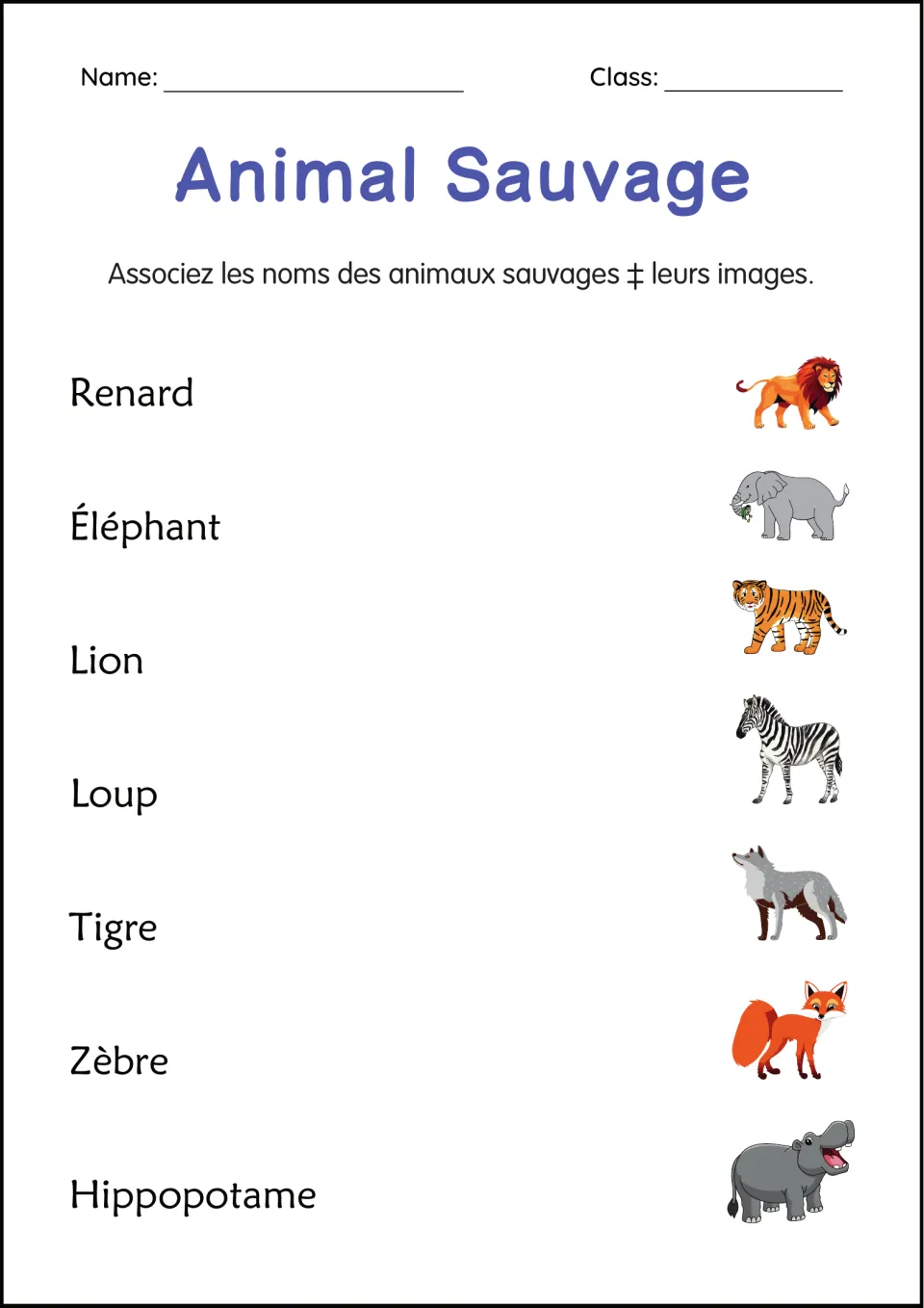 French animal picture matching: renard (fox), éléphant (elephant), lion, loup (wolf), and three more