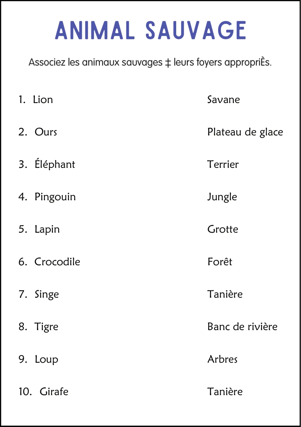 French animal home matching: 10 animals paired with choices such as savane (savanna) and grotte (cave)