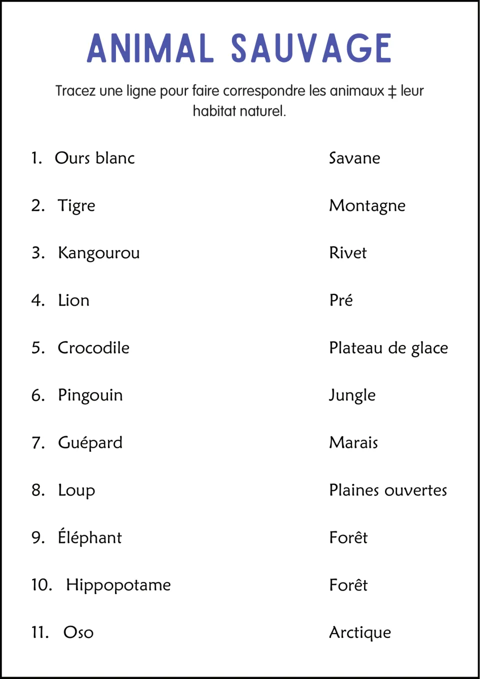 French habitat matching: 11 animal entries include ours blanc (polar bear), tigre (tiger), and kangourou