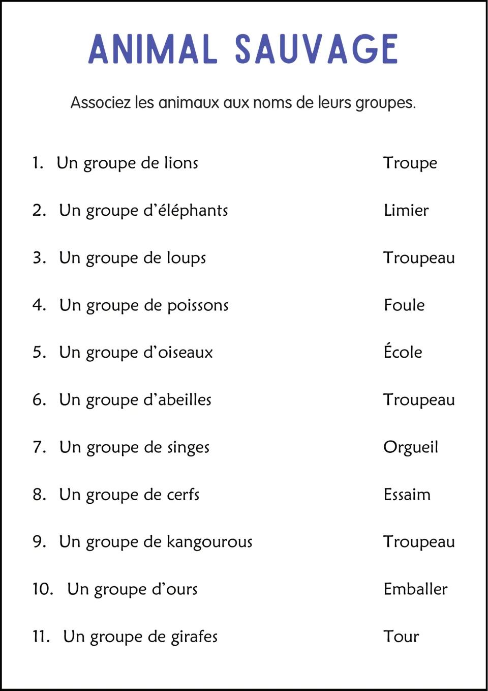 French animal group-name matching: 11 groups include lions, éléphants (elephants), and loups (wolves)