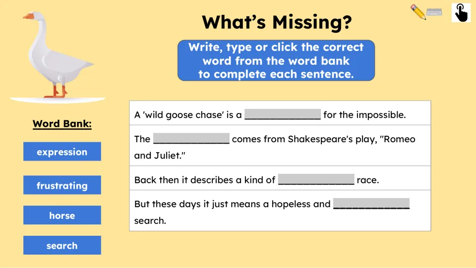 Fill-in-the-blank comprehension activity uses expression, frustrating, horse, and search to complete facts
