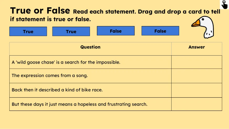 True-or-false activity checks four claims about the idiom’s meaning, origin, and earlier use for a race